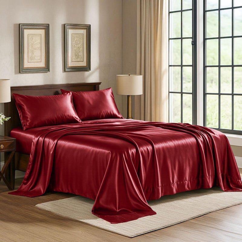 Pure Bedding Satin Sheets Full [4-Piece, Burgundy] Hotel Luxury Silky Bed Sheets - Extra Soft 1800 Microfiber Sheet Set, Wrinkle, Fade, Stain Resistant - Deep Pocket Fitted Sheet, Flat Sheet, Pillow Cases - Image 1